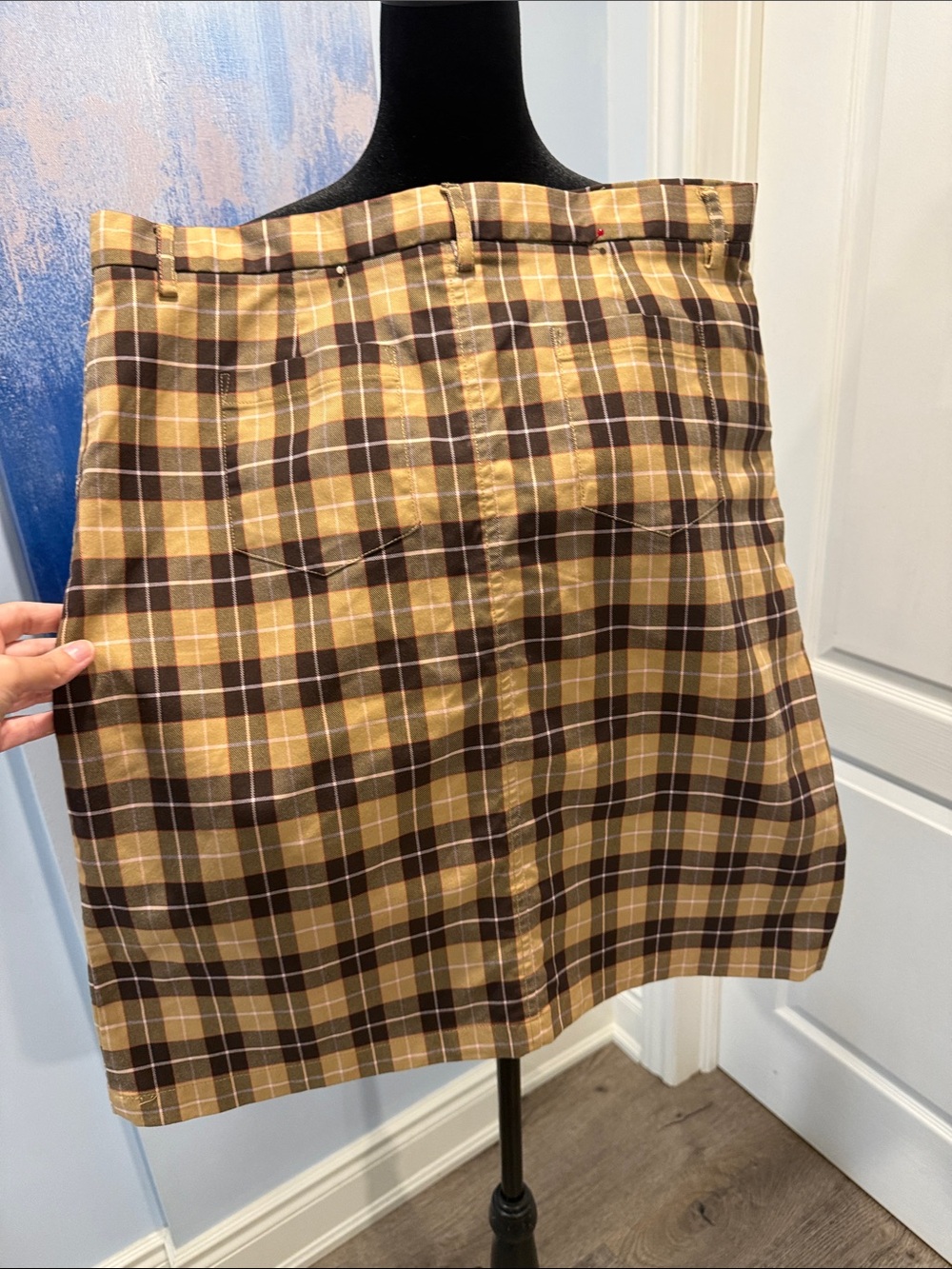 Club Monaco Tan and Black Plaid Midi Skirt with Light Pink Accents - Picture 2 of 6